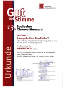 17.10.2026 - Urkunde - Prädikat Meisterchor für querbeat
